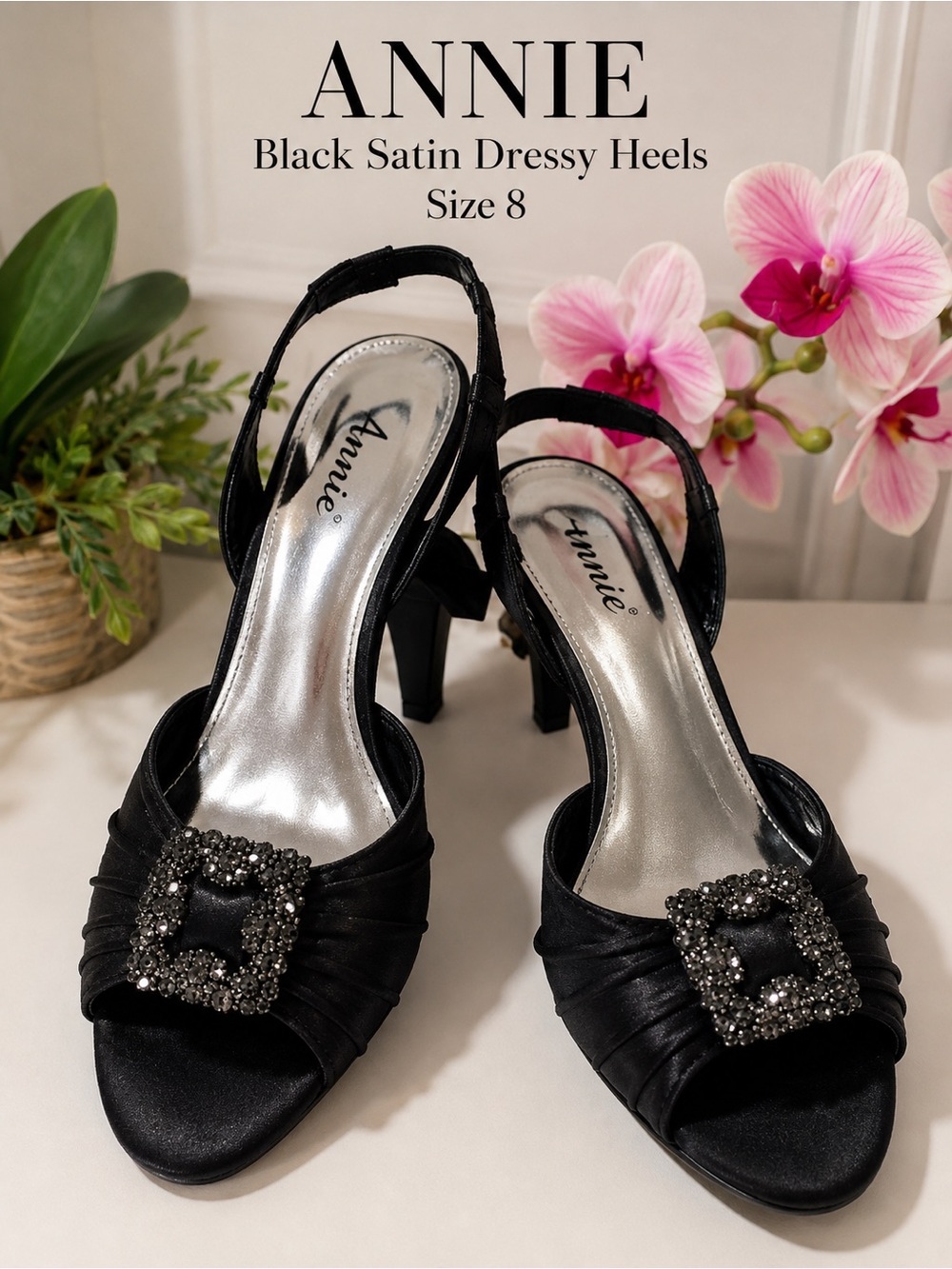 ANNIE Black Satin dressy elegant special occasion Women's Heels/size 8